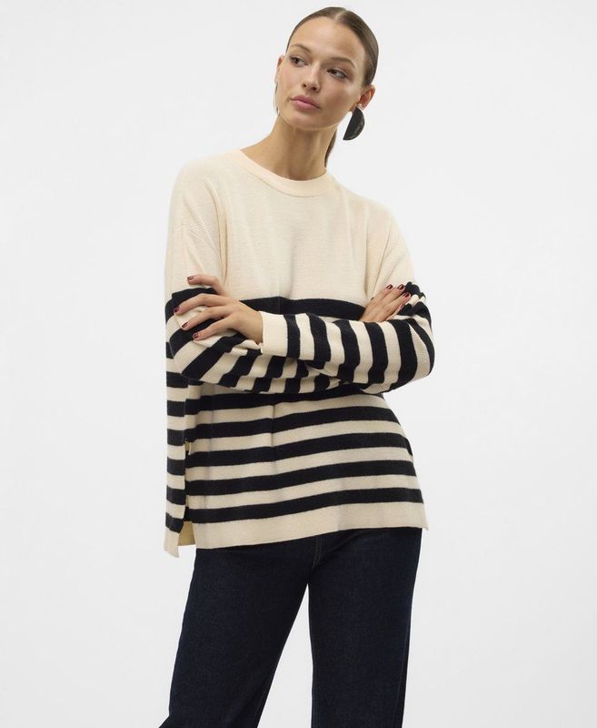 Pullover - Gebroken Wit - Gebreid - O-Hals - Lange Mouwen