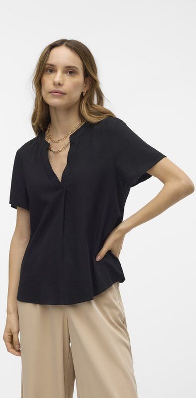 Vero Moda - T-shirt - Zwart - V-hals - 55% Viscose 45% Linnen
