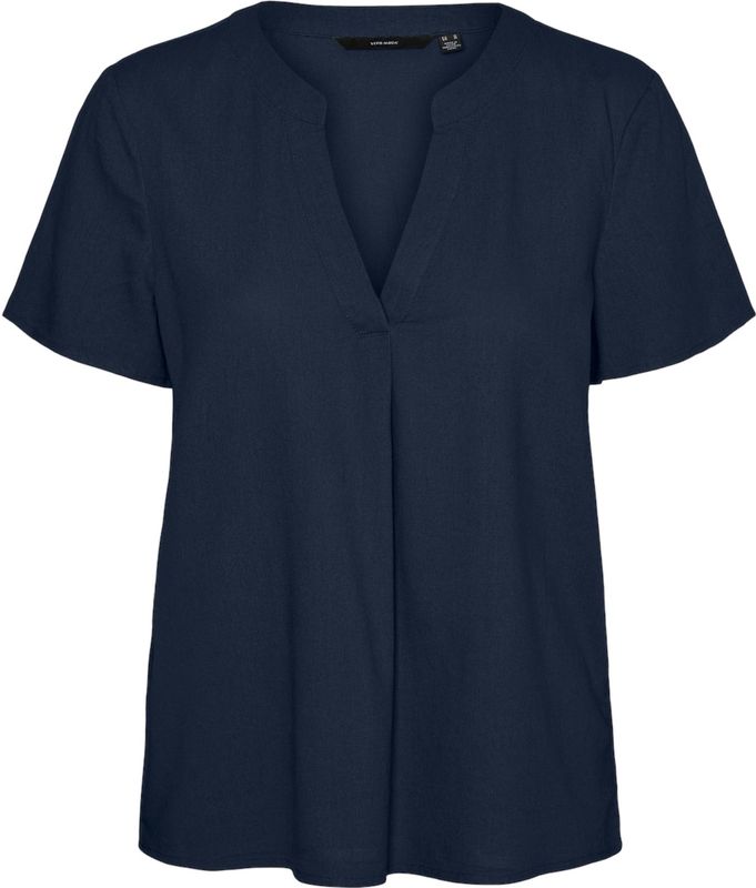 Navy Blazer - T-shirt - V-hals - Korte Mouwen - 55% Viscose 45% Linnen