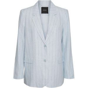 Vero Moda, Jassen, Dames, Blauw, S, Linnen, Blauwe Gestreepte Knoopblazer