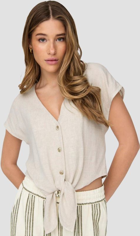 ONLY Onlsiesta S/S Knot Linen Bl Shirt Pnt Dames T-shirt (1 stuk), Lichtbeige