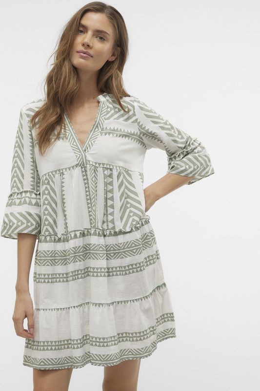 Jurk - V-hals - 3/4 Mouwen - Losse Pasvorm - Biologisch Katoen - Kort