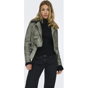 ONLY - Korte Jas - Imitatie Leer - Grijsgroen - Kraag in Imitatiebont