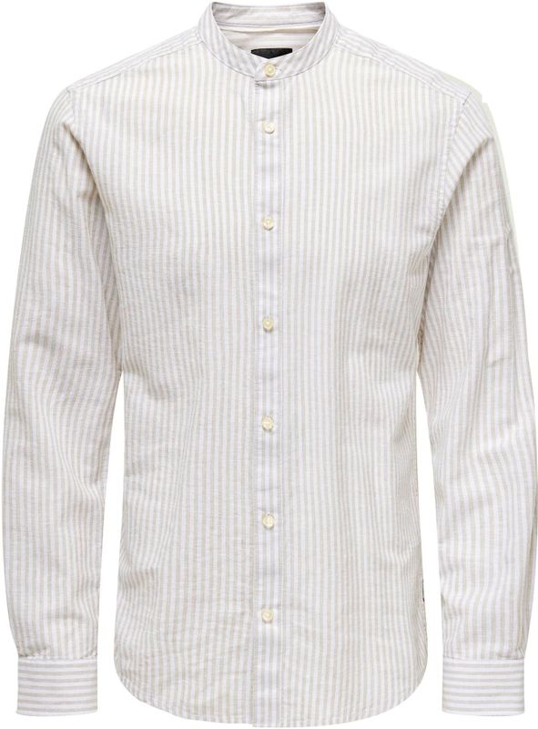 ONLY & SONS - ONSCAIDEN LS MAO STRIPE LINEN SHIRT - Chinchilla - Overhemd - Lange Mouwen - Slim Fit