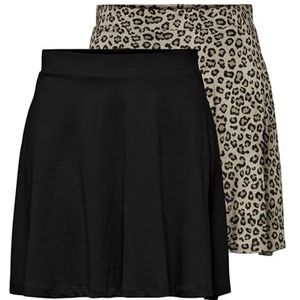 ONLY Onlmay Life Skater Skater Skirt Jrs 2pack skaterrok voor dames, Zwart/verpakking: bruin Rice Aop Leo Spot