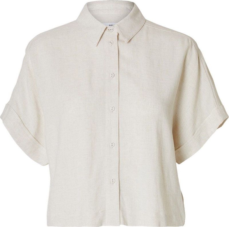Selected Femme Blouse Beige - Kraag - SLFVIVA SS Cropped Shirt