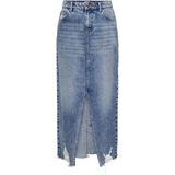 Emma - Denim Kokerrok met Gefranjerde Zoom en Cut-outs