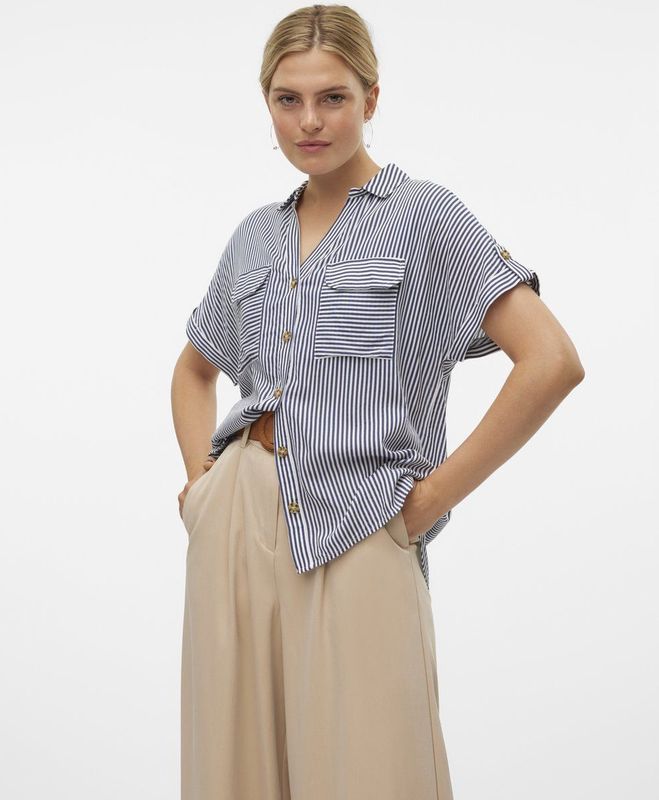 VERO MODA - VMBUMPY SS SHIRT WVN NOOS - Dames - Blouse - Blauw - Katoen