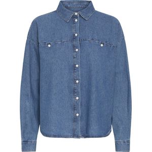 Ichi - Blauw Katoenen Overhemd - Dames - Lichtblauw - Lange Mouwen