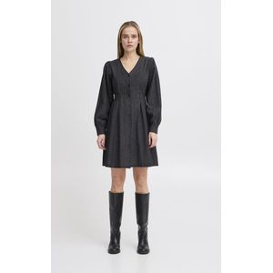 Ichi - V-Neck Marl Button-Up Long Sleeve Dress - Zwart - Katoen