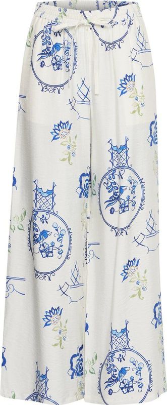 Ichi - Printed Lace-Up Trousers - Blauw/Wit - Linnen/Polyamide/Viscose