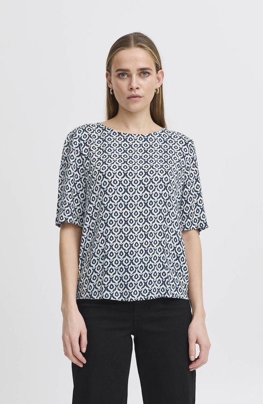 ICHI - Blouse - Blauw - Korte Mouwen - 100% Viscose