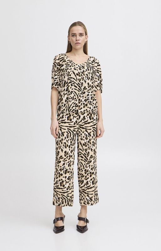 Ichi - Leopard Print V-Neck Blouse - Beige - 100% Viscose