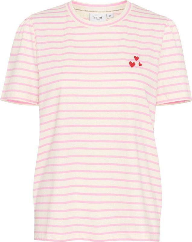 T-shirt - Fitted - Bonbon White Stripe - Korte Mouwen - Wit - Roze