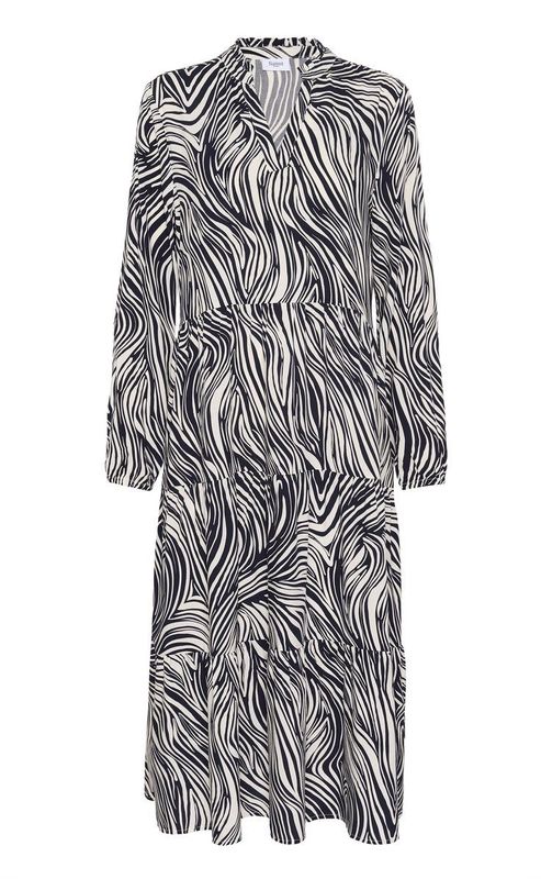 Jurk - Baritone Leaves Strokes - Multicolour - Loose Fit - Midi Lengte - 3/4 Mouwen
