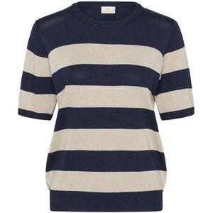 Kaffe - KARegina - Gebreide Trui - Beige / Marine - Ronde Hals - Halve Mouw