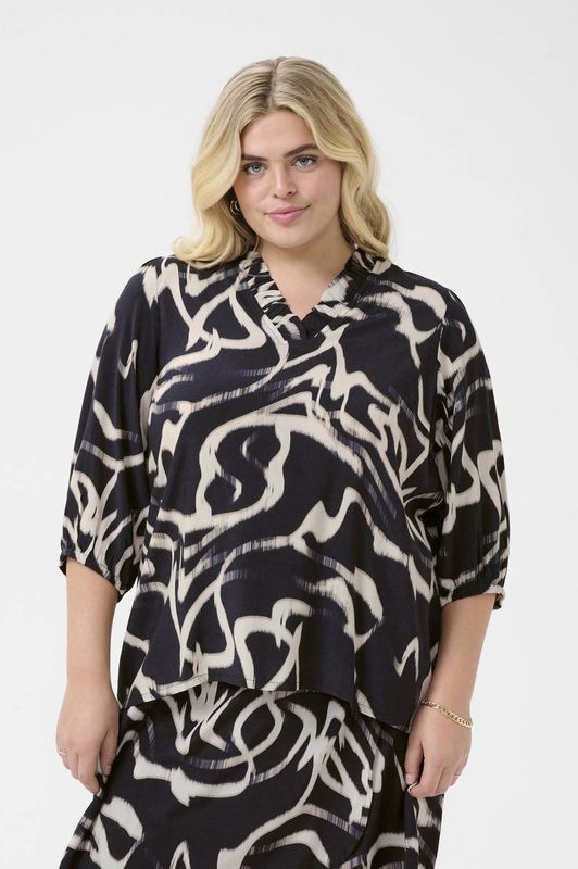 KAFFE - MAREN FRILL - Blouse - Zwart / Wit - Pofmouwen - Losse Pasvorm