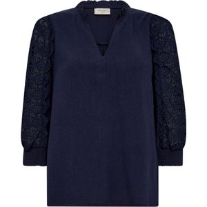 Freequent, Blouses & Shirts, Dames, Blauw, 2Xl, Linnen, Linnen blouse met kanten mouwen