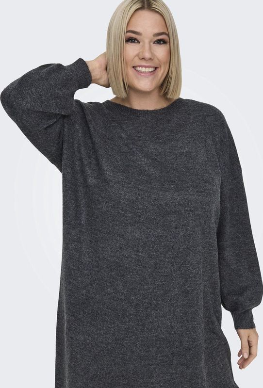 Tricot Jurk - Donkergrijs Melange - Met Kant Bij Hals