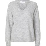 Selected Femme Lulu New LS Knit V Neck Light Grey