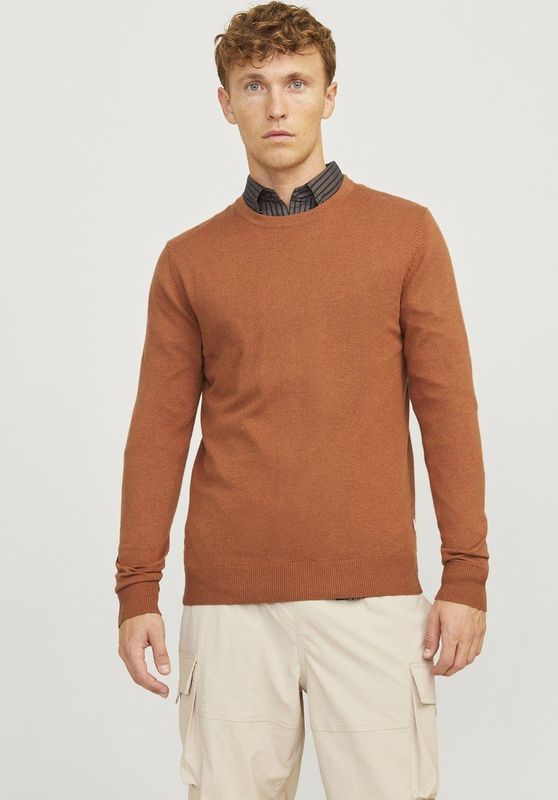 JACK & JONES Emil knit crew neck slim fit, heren pullover viscosemengsel met O-hals, camel bruin