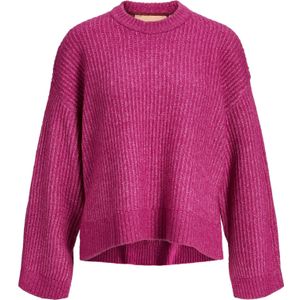 JJXX Jxsigga Pull en tricot à col rond pour femme, rouge fuchsia/détails : passepoil au col marron, XS