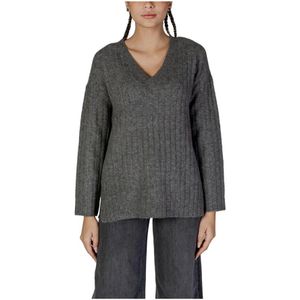 Vila - Grijze V-hals Gebreide Trui - Dames - Polyester - Herfst/Winter