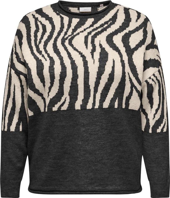 Only Carmakoma Carjade Animal o-Neck Knt Noos Dames Trui - Pirate Black Whitecap Gray