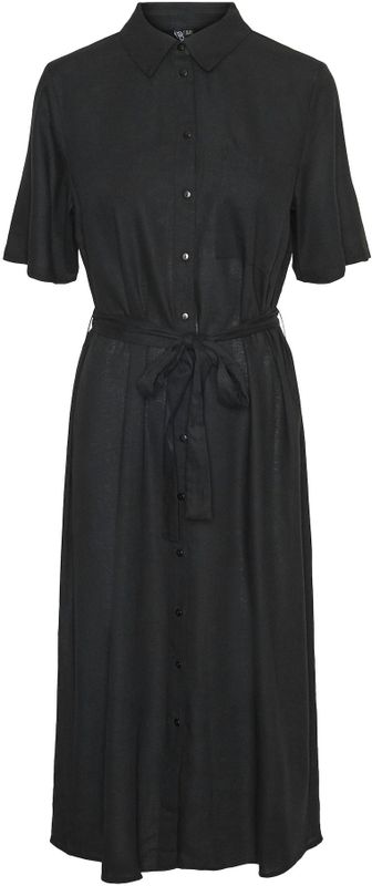 Pieces - Pia - Midi-jurk - Groen - 70% Viscose, 30% Linnen, Overhemdkraag, Knoopsluiting