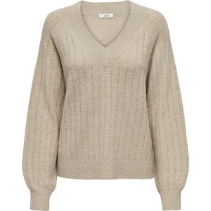 JDY - Trui - Ecru - Polyester - Lange Mouwen - V-hals - Ajourtricot