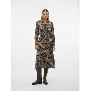 VERO MODA - Bedrukte Midi-Jurk - Zwart/Beige - Polyester