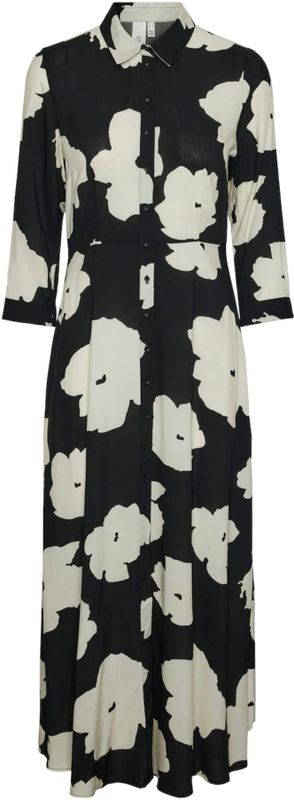 Y.a.s - Floral Midi Overhemdjurk - Zwart - Crème - Lange Mouwen