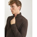 JACK & JONES Emil knit half zip slim fit, heren schipperstrui viscosemengsel met opstaande boord, donkerbruin melange