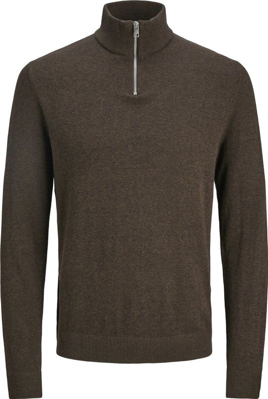 JACK & JONES - Emil - Schipperstrui - Donkerbruin Melange - Viscosemengsel, Rits, Strak Getailleerd