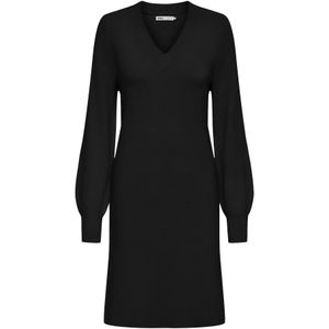 Gebreide Jurk - Zwart - V-Hals - Lange Ballonmouwen - Midi-lengte
