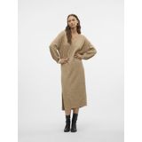 Gebreide Jurk - V-Hals - Lange Mouwen - Ballonmouwen - Regular Fit