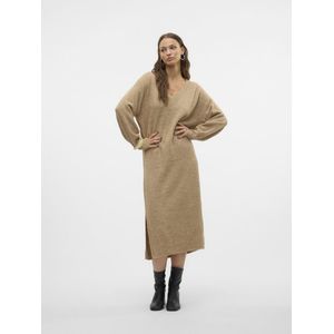 Gebreide Jurk - V-Hals - Lange Mouwen - Ballonmouwen - Regular Fit