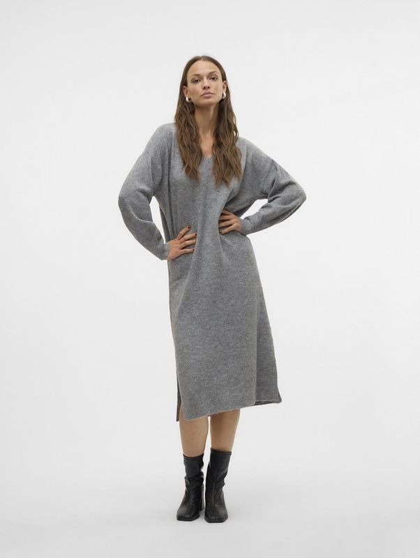 Gebreide Jurk - V-Hals - Lange Mouwen - Ballonmouwen - Regular Fit