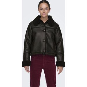 Donkerbruine jas met leather look en faux fur