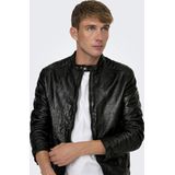 Onslucius - Jas - Leren Jas - Zwart - V-Hals, Lange Mouwen, Ritssluiting, Polyester Voering