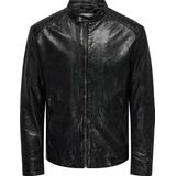 Onslucius - Jas - Leren Jas - Zwart - V-Hals, Lange Mouwen, Ritssluiting, Polyester Voering