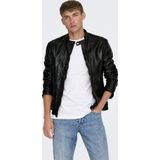 Onslucius - Jas - Leren Jas - Zwart - V-Hals, Lange Mouwen, Ritssluiting, Polyester Voering