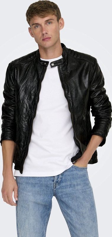 Onslucius - Jas - Leren Jas - Zwart - V-Hals, Lange Mouwen, Ritssluiting, Polyester Voering