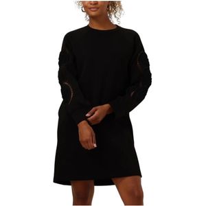 Object - Objdorina LO L/S - Jurk - Zwart - Sweatstof met Broderie Details