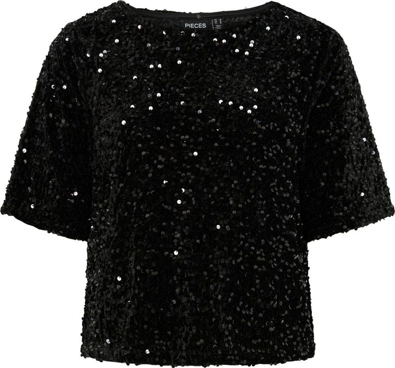 PIECES - Blouse - Zwart - 100% Polyester - Korte Mouwen