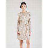 Jurk - Beige-Goud - 100% Polyester - Pailletten en Riem in Taille