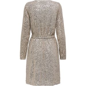 Jurk - Beige-Goud - 100% Polyester - Pailletten en Riem in Taille