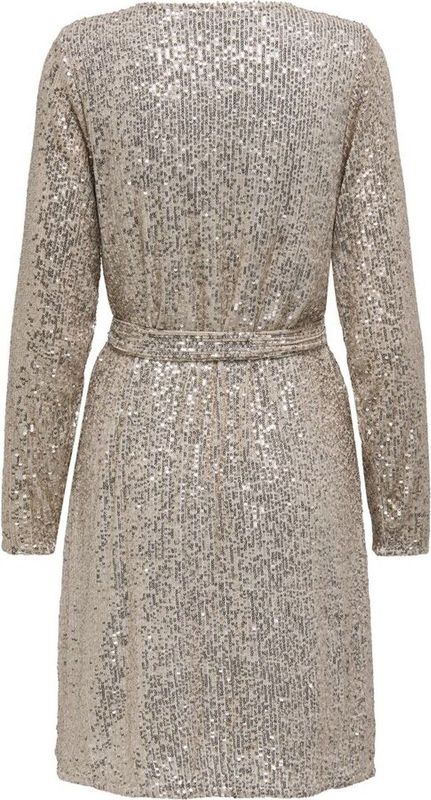 Jurk - Beige-Goud - 100% Polyester - Pailletten en Riem in Taille
