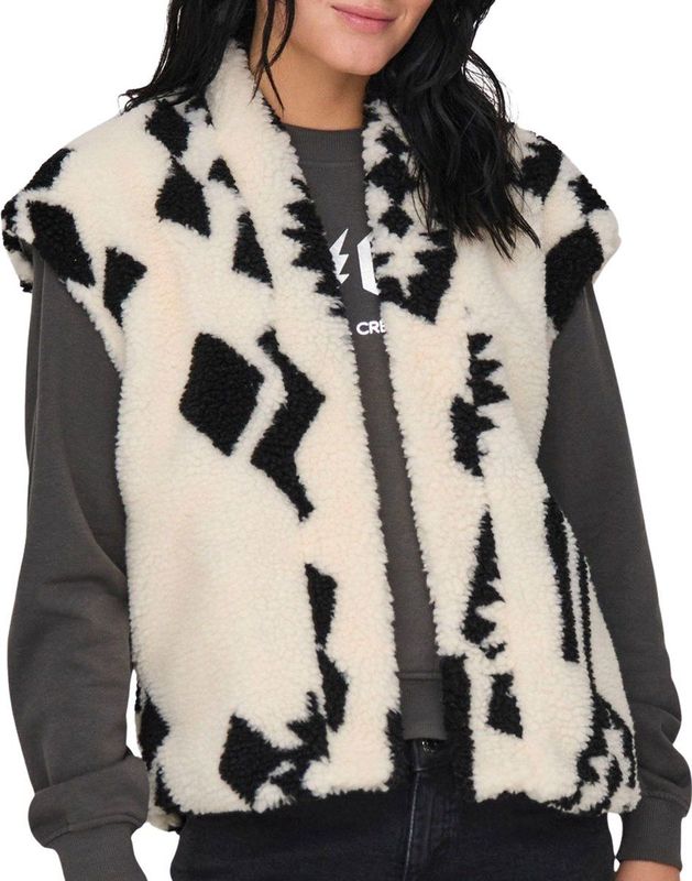 Only - Onlpop Teddy Gilet - Cloud Dancer/Black - Polyester - Met Steekzakken