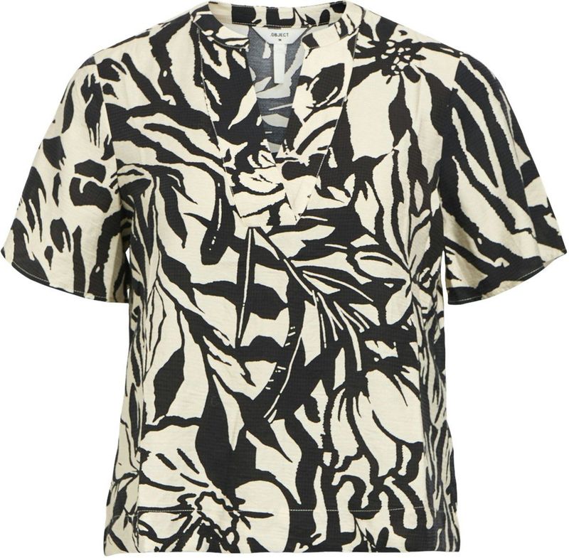 Object - Objkarina - T-shirt - Sandshell/Black Flow - V-hals - Dames